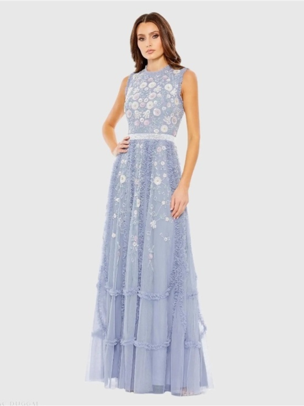 New MAC DUGGAL Floral Sequin Embroidered High Neck Ruffled Gown Sz: 10